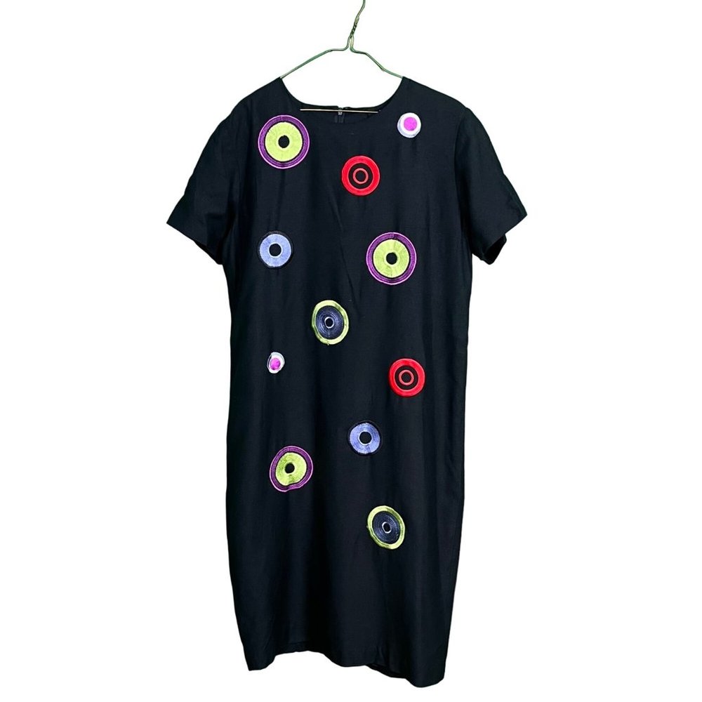 Oleg Cassini Womens 100% Silk Dress Black Multicolor Embroidered Circles Size 14